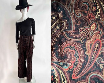The BANANA REPUBLIC Paisley Paris Library Velvet Pleated Pants Vintage 90s Wide Leg Trousers Printed Cotton