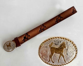 The All The Pretty Horses Children’s Belt Vintage 70s Genuine Leather Embossed Horses Silver Buckle