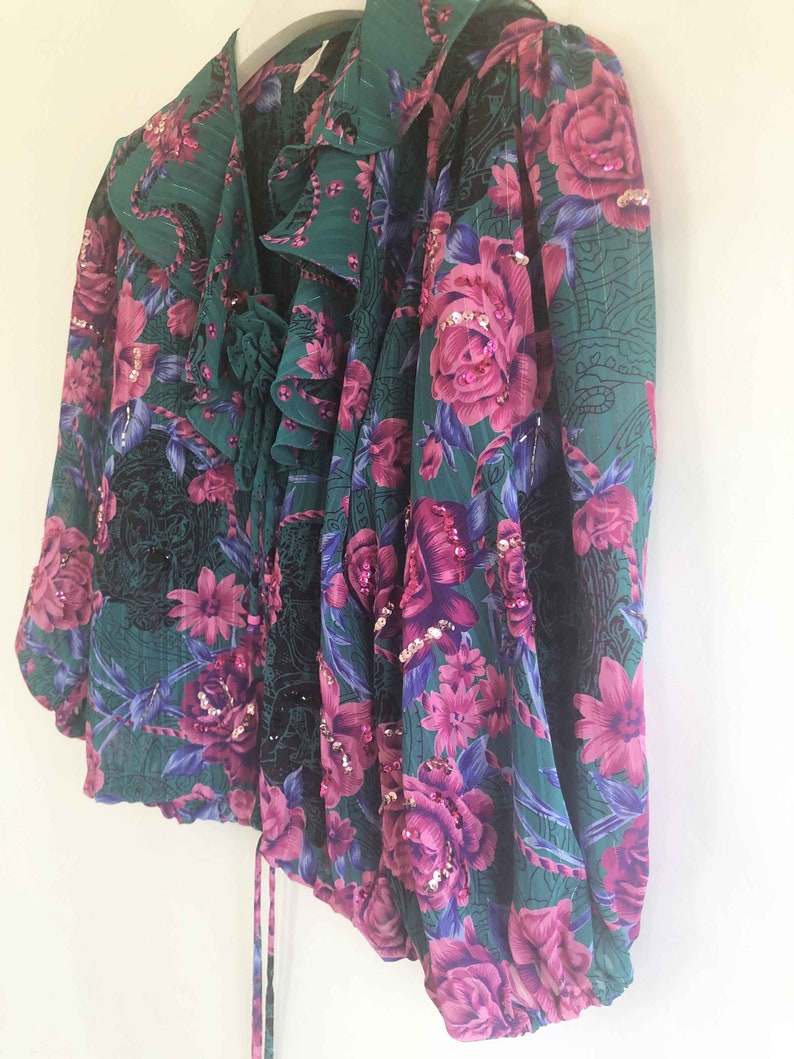 The Divine DIANE FREIS Vintage 80s Blouse Blouson Totally Teal Top Multi Color Rose Pattern Sequined Silky Georgette Geo Ruffled Womens Top image 5