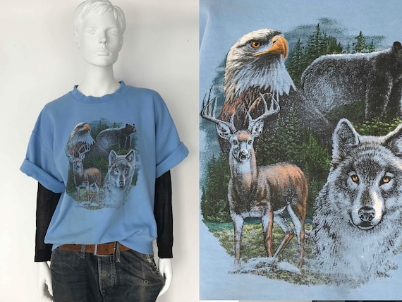 The Friends of The Forest Sweatshirt Vintage 80s  Animal Print Rustic Top Cropped Sleeve