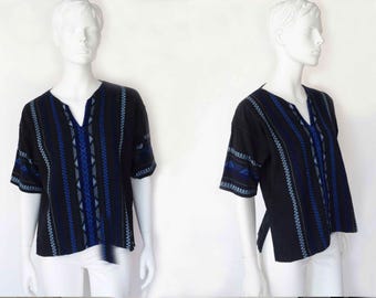 Blusa azul marino supernatural, estilo vintage de los años 80, estilo bohemio, de lino, para mujer