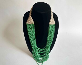 The Garden of Eden Green Beaded Necklace Vintage 70s Crochet Handknit  Boho Jewelry Costume Jewelry Festival
