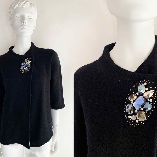 The Bejeweled Broche Black Vintage 80s Bolero Jacket Genuine Wool 3/4 Dolman Sleeve Fancy Cropped Dinner Jacket Evening Wear Rhinestones