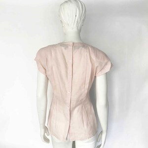 The Blush x Roses Vintage 80s Linen Blouse Pleated Fitted Embroidered Button Back Pale Pink Floral Cap Sleeve Shirt Top image 4