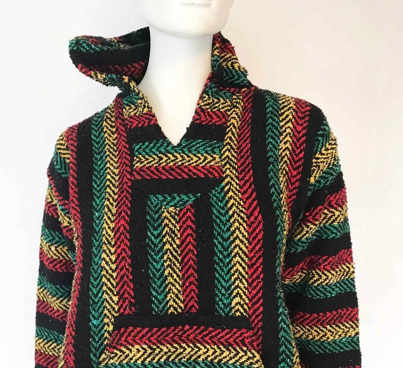 The No Woman Jacket No Cry Vintage 80s Baja Hoody Top Spicoli Beach Bum Rainbow Rasta Striped Boho Cotton Textured Weave S Shirt