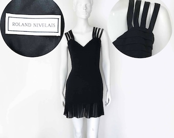 The ROLAND NIVELAIS Nouveaux Flapper Vintage 90s Cocktail Dress Black Silk Goergette Pleated Ruffled Hem Strap Micro Mini Evening Dress