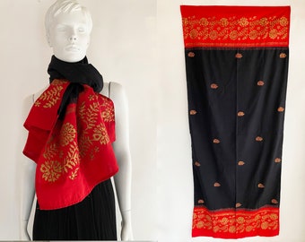 The Ananda Indian Vintage Scarf Sarong Wrap 34 x 70 Gold Woodblock Black Red Cotton Accessories, Home Decor, Boho Decor, Indian Wrap, Asian