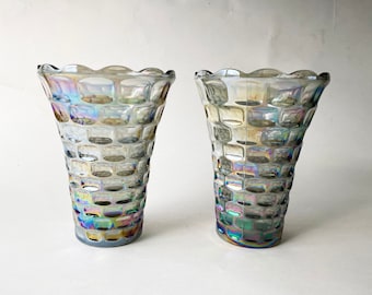 The Bioluminescent Blue Set of 2 Vases Vintage 70s Glass Iridescent Beach Glass Flower 3d Texture Home Decor