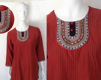 The Madder Red Middle Eastern Vintage 90s Shirt Boho Blouse Cotton Stripe Sequin Tunic Top XS, S, M: Women’s Shirt