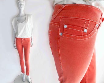 The Courage of Coral Skinny Jeans Vintage 90s Y2K Hip Hugger Low Rise Bottoms Stretch Neon Pants