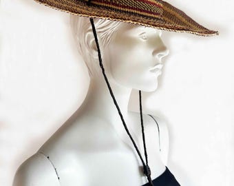 The Peruvian Jungle Straw Woven Hat Vintage 90s Stripes Leather Tie Traveler Accessories Wide Brim
