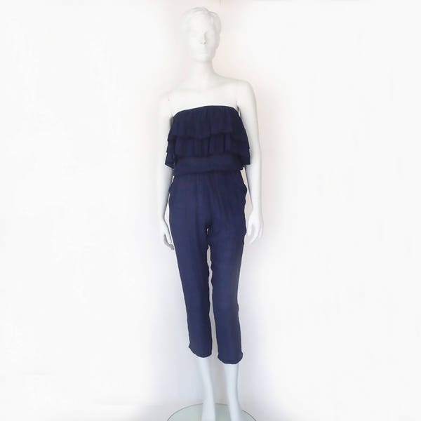 The St. Barts Blue Vintage 80s Romper Strapless Ruffled Navy Blue Jumpsuit Crinkle Cotton XS S: Womens One Piece