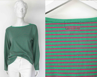 The RALPH LAUREN Galley Green Vintage 90s Knit Long Sleeve T-Shirt Nautical Pink Striped Boxy Tee Shirt Blouse