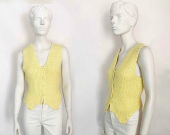 The Meemaw Loves You Vintage 60s Crochet Sweater Handknit Sleeveless Vest Pale Yellow Womens Top Shirt Blouse Button Front