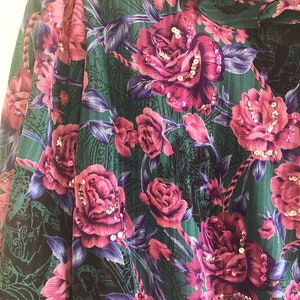 The Divine DIANE FREIS Vintage 80s Blouse Blouson Totally Teal Top Multi Color Rose Pattern Sequined Silky Georgette Geo Ruffled Womens Top image 9