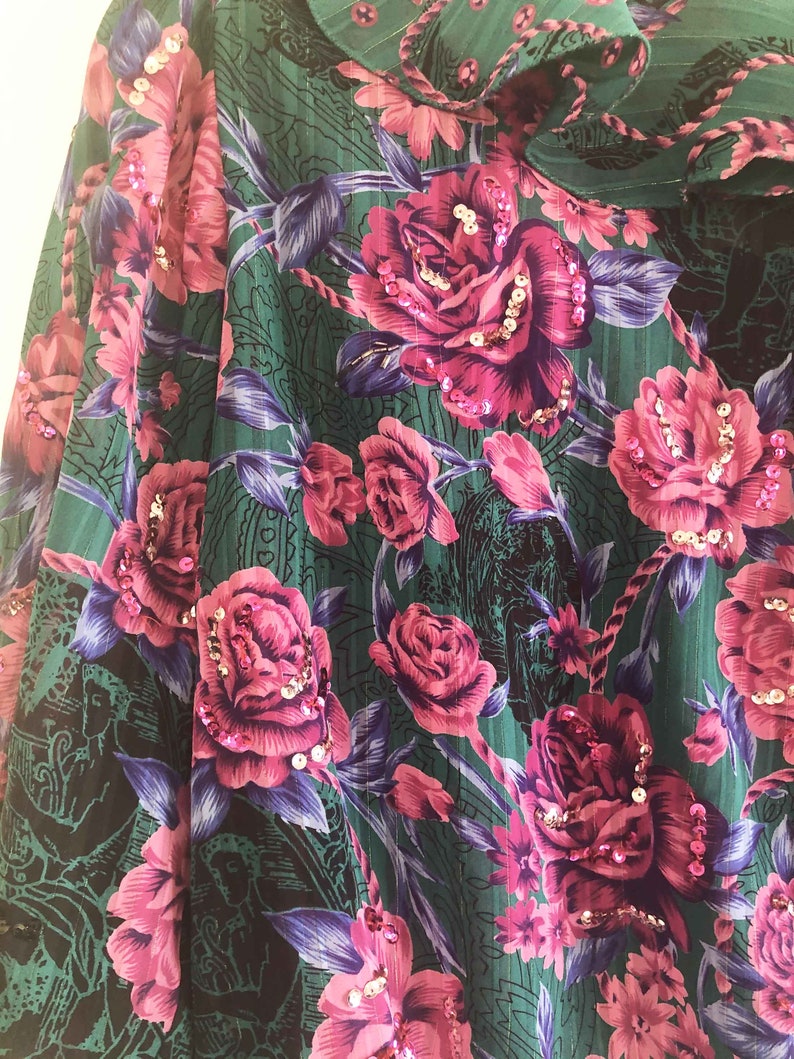 The Divine DIANE FREIS Vintage 80s Blouse Blouson Totally Teal Top Multi Color Rose Pattern Sequined Silky Georgette Geo Ruffled Womens Top image 9