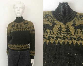 The Oh My Dear Sweater Vintage 70’s Cozy Sweater Fair Isles Intarsia Womens Handstitch Mock Neck Handmade Wool Chunky Cozy Multicolor Jumper