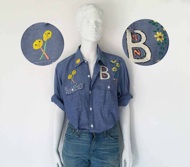 The DICKIES Lollipop x Flowers Vintage 70er Hemd Chambray Denim Shirt Folk Art Handgemaltes Arbeitshemd O/S Bild 2