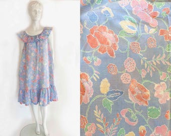 The Flowers in The Attic Dress Vintage 70s Ruffle Floral Print Cotton Blend Sleeveless Bohemian