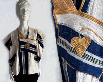 The Heart of Africa Top Vintage 70s Blouse Raw Cotton Natural Navy Blue Stripes Heart Embroidery