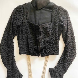 The Madame Bovary Antique Vintage Edwardian Boned Bodice Silk Jacket 1800s Vintage Top, Jacket, Waist Coat Black Silk Lambskin Damask image 3