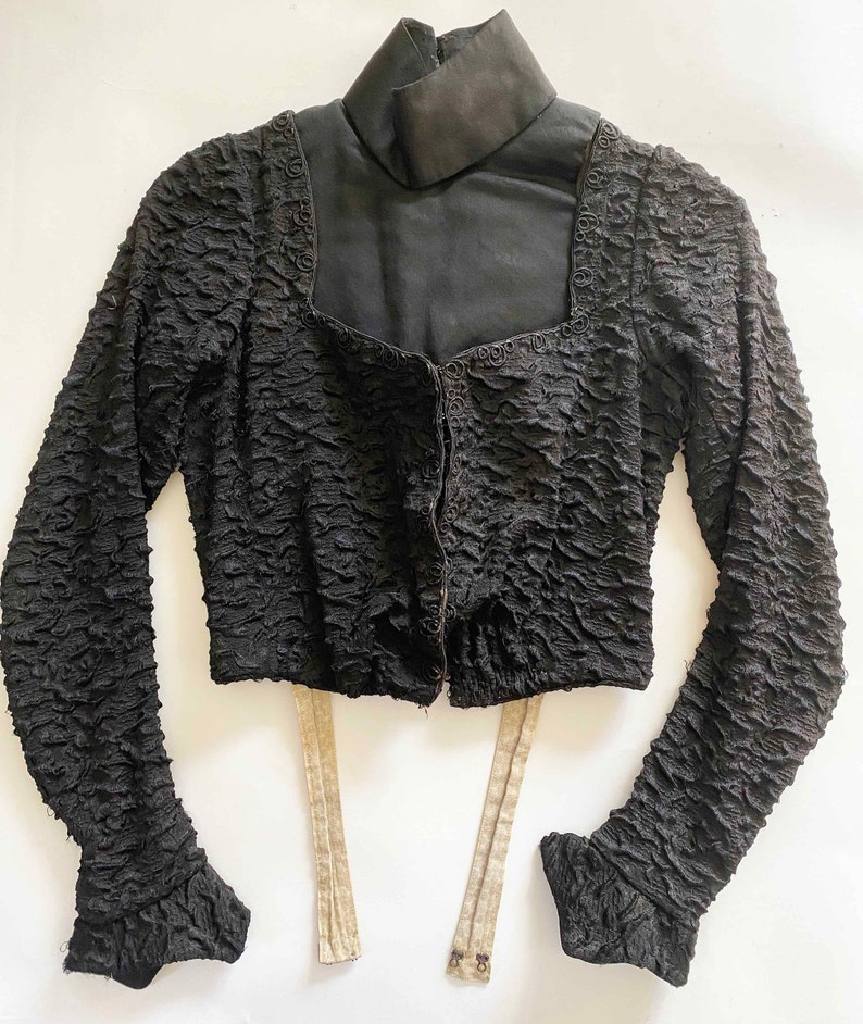 The Madame Bovary Antique Vintage Edwardian Boned Bodice Silk Jacket 1800s Vintage Top, Jacket, Waist Coat Black Silk Lambskin Damask image 3