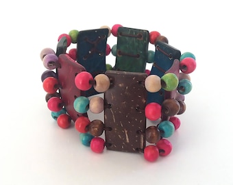 The Baskets of Bali Coconut Bracelet Vintage 90s Womens  Boho Accessories Pom Pom Beaded