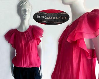 The BCBG MAX AZRIA Cosmic Pink Rose Organza Blouse Vintage 90s Ruffle Shirt Evening Top