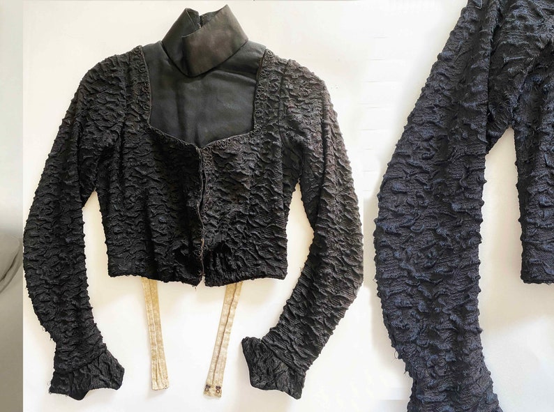 The Madame Bovary Antique Vintage Edwardian Boned Bodice Silk Jacket 1800s Vintage Top, Jacket, Waist Coat Black Silk Lambskin Damask image 1