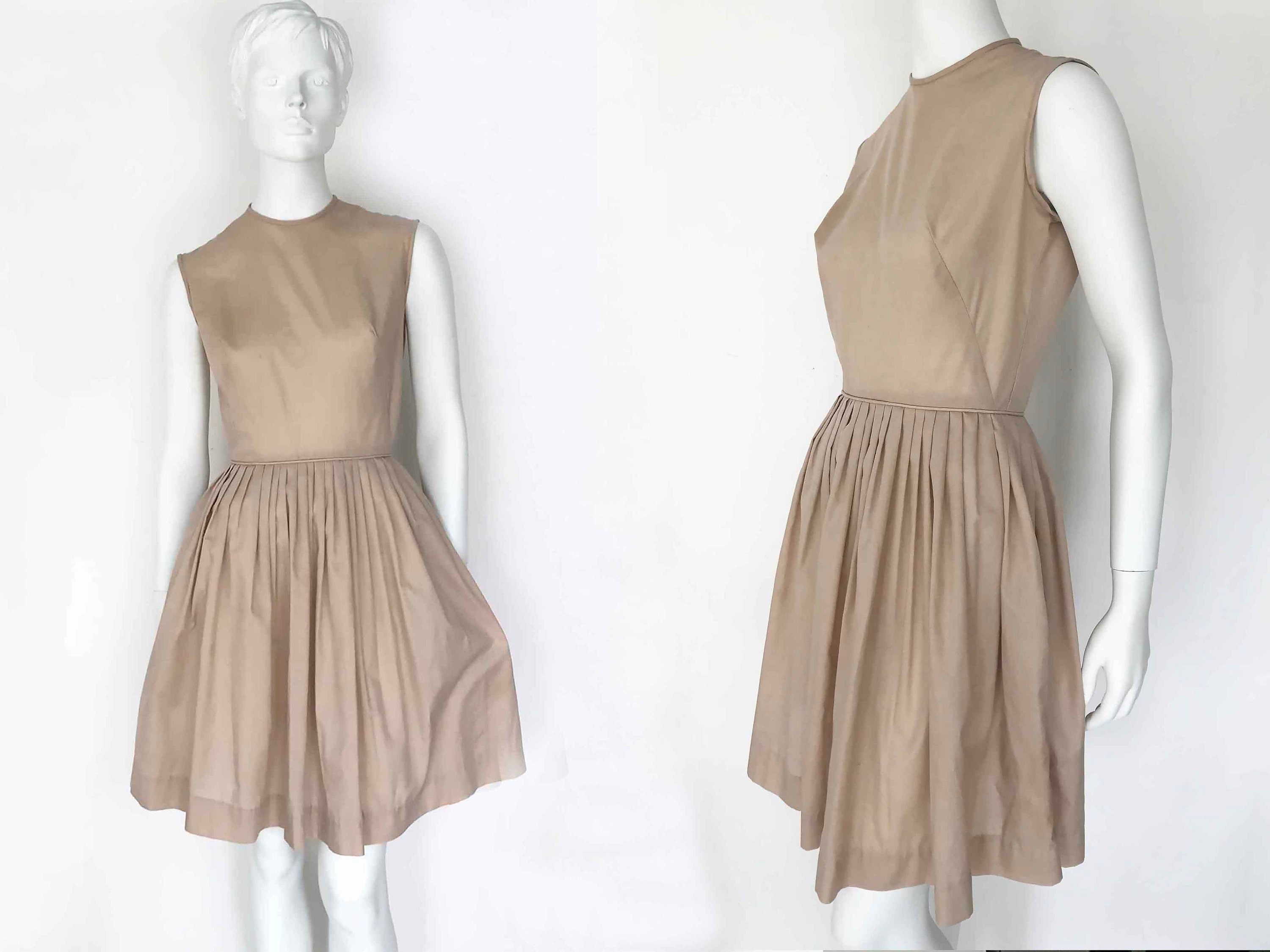 The First Day of School Vintage 50s Dress Khaki Cotton Poplin Fitted Sleeveless Bodice Pleated Flare Above Knee Skirt