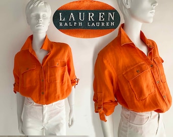 The RALPH LAUREN Orange Oracle Vintage 90s Genuine Linen Long Sleeve Shirt Blouse Top Button Down Summer Buckle Sleeves Pocket