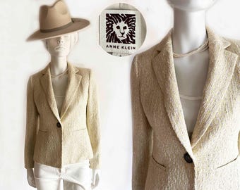 De ANNE KLEIN Zuid-Frankrijk zachtgele blazer vintage jaren 80 jas tweed bouclé lente
