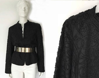 The Soutache Sophisticate Vintage 90s Blazer Broderie Black Linen Jacket Piped Self Buttons Jacket Womens M L