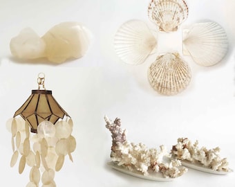 The Endless Summer Set of 8 Decor Objects Vintage 80s (1)Quartz Turtle Figurine (4)Shells (2)Coral Ships (1)Capiz Shells Candelabra