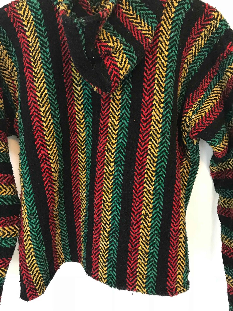 The No Woman Jacket No Cry Vintage 80s Baja Hoody Top Spicoli Beach Bum Rainbow Rasta Striped Boho Cotton Textured Weave S Shirt