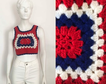 The Grandma Loves You Vintage 60s Crochet Sweater Handknit Geo Sleeveless Vest Red x Blue Womens Top Shirt Blouse