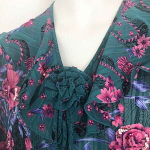 The Divine DIANE FREIS Vintage 80s Blouse Blouson Totally Teal Top Multi Color Rose Pattern Sequined Silky Georgette Geo Ruffled Womens Top image 3