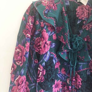 The Divine DIANE FREIS Vintage 80s Blouse Blouson Totally Teal Top Multi Color Rose Pattern Sequined Silky Georgette Geo Ruffled Womens Top image 6