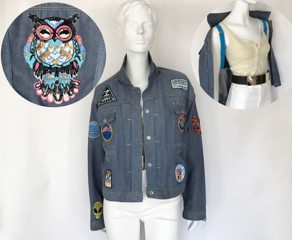 The OWL or NOTHING Denim Jean Jammin Jacket Vintage 70s Patch Rigid Retro Raver Festival Upcyled OOAK
