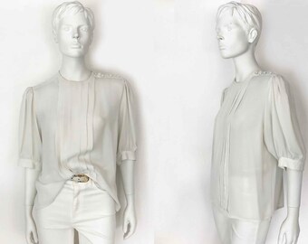 The Ghost White Vintage 80s Blouse Slinky Georgette Sheer Pleated Front Boxy Slouchy 2/3 Sleeve Womens Top, O/S