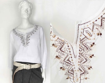 The Ocean is Calling Tunic Top Vintage 90s Shirt Embroidered Wood Beaded Cotton