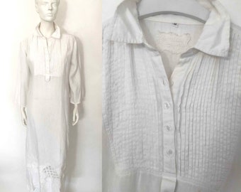 The Juliette 90s Vintage Shirt Dress Genuine Linen White Work Embroidered Lace Pleated Placket Long Maxi Dress Summer Womens