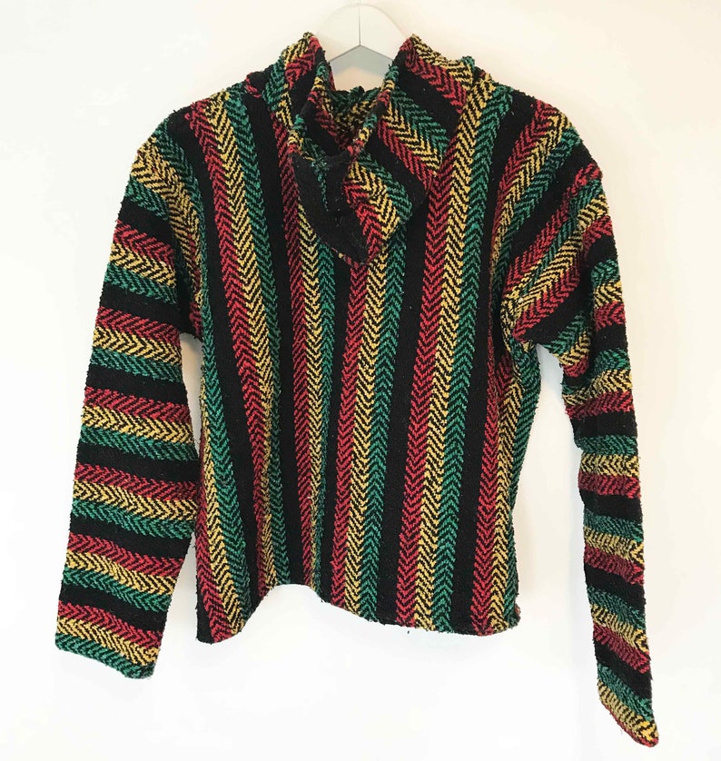 The No Woman Jacket No Cry Vintage 80s Baja Hoody Top Spicoli Beach Bum Rainbow Rasta Striped Boho Cotton Textured Weave S Shirt