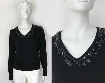 The Black Diamonds Meteor Vintage 90s Sweater Geo Sequin Beaded Glam Minimalist Merino Wool V- Neck Slouchy Womens Jumper Wool Top