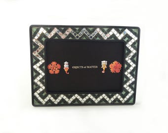 The Moroccan Mirrored Mosaic Picture Frame Vintage 70s Chevron Zig Zag Black Wrought Iron  Bohemian