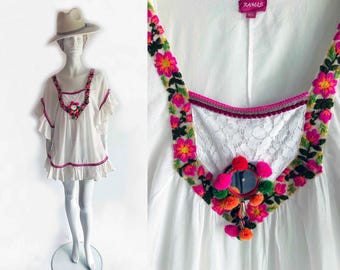 The Tulum Traveler Dress Vintage 2000s Boho Blouse Butterfly Sleeves White Cotton Gauze Multi Color