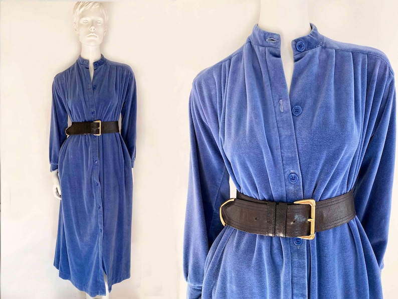 The Velvet Vixen Maxi Dress Vintage 80s Robe Blue Velvet Long Sleeve Classic Long Dress Fall image 1