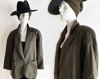 The Talking Heads Tweed Blazer Vintage Wool Tweed Single Button Jacket Strong Shoulder