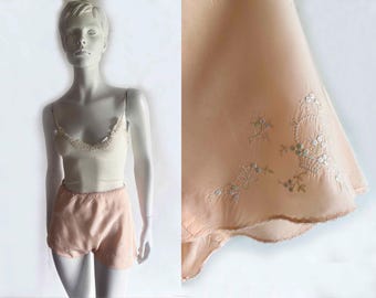 Pantalones cortos de seda auténtica Ambrosia Rose, estilo vintage de los años 50, bombachos con bordado floral, pantalón largo color melocotón, pijama.