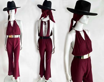 The Bora Bora Burgundy Bell Bottoms Halter Jumpsuit Vintage 90s Romper Onesie